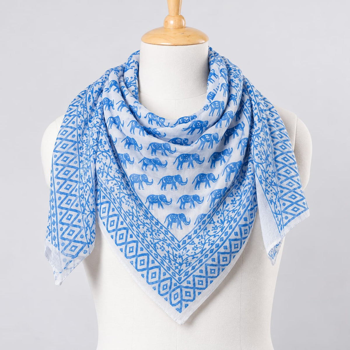 Blue & White Traditional Motif Hand Block Printed Mul-Cotton Scarf 100x100 cm