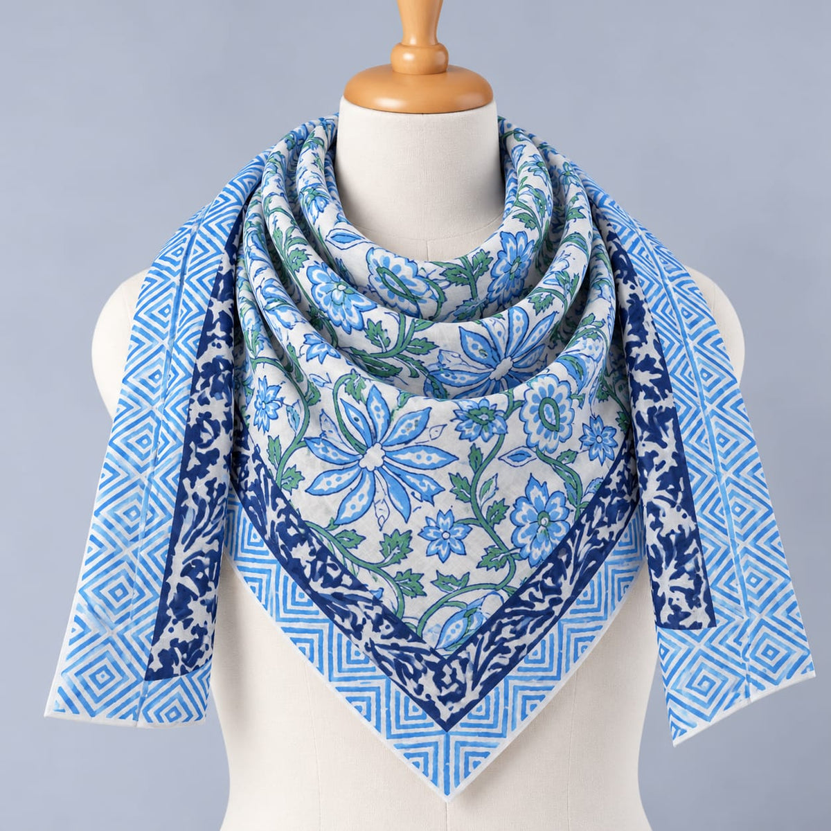 Blue & White Floral Jaal Hand Block Printed Mul-Cotton Scarf 100x100 cm