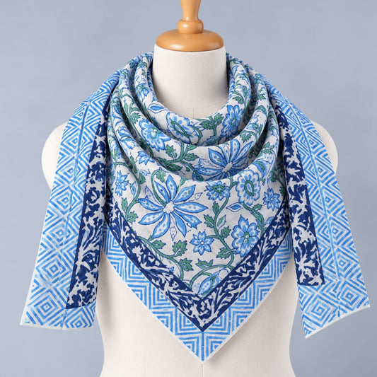 Blue & White Floral Jaal Hand Block Printed Mul-Cotton Scarf 100x100 cm