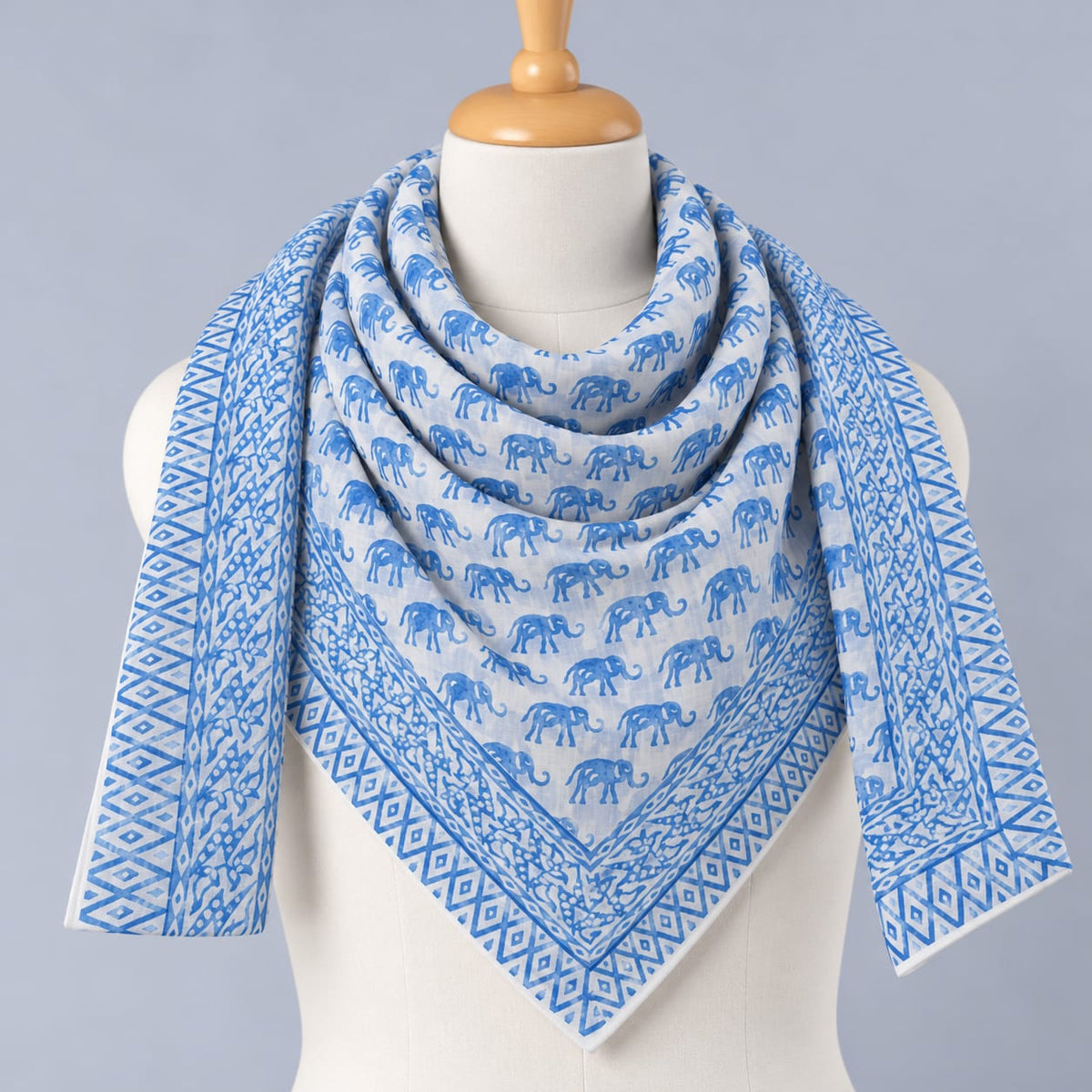 Indigo Blue & White Traditional Motif Hand Block Printed Mul-Cotton Scarf 100x100 cm