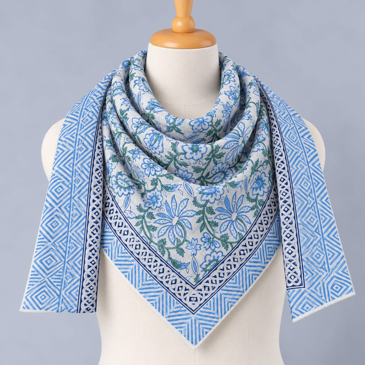 Blue & White Floral Jaal Hand Block Printed Mul-Cotton Scarf 100x100 cm