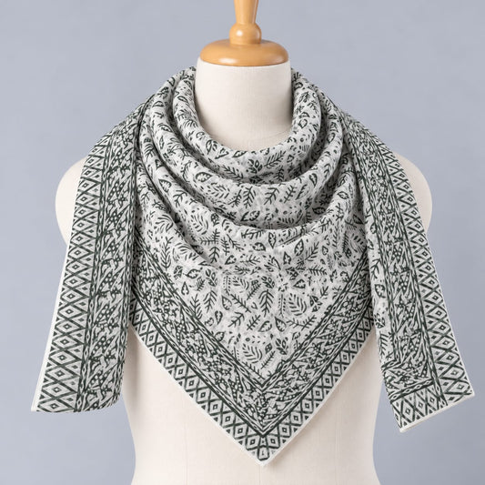 Grey & White Leaf Print Hand Block Printed Mul-Cotton Scarf 100x100 cm