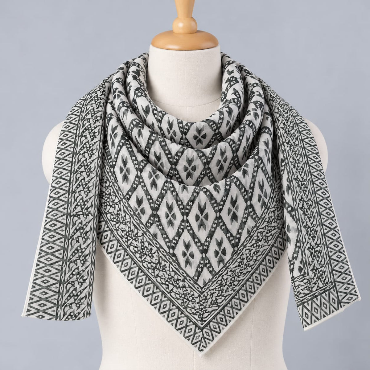 Black & White Geometric Hand Block Printed Mul-Cotton Scarf 100x100 cm
