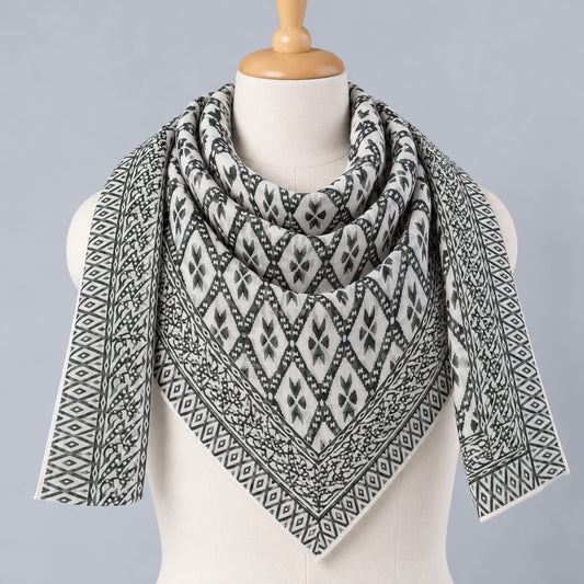 Black & White Geometric Hand Block Printed Mul-Cotton Scarf 100x100 cm