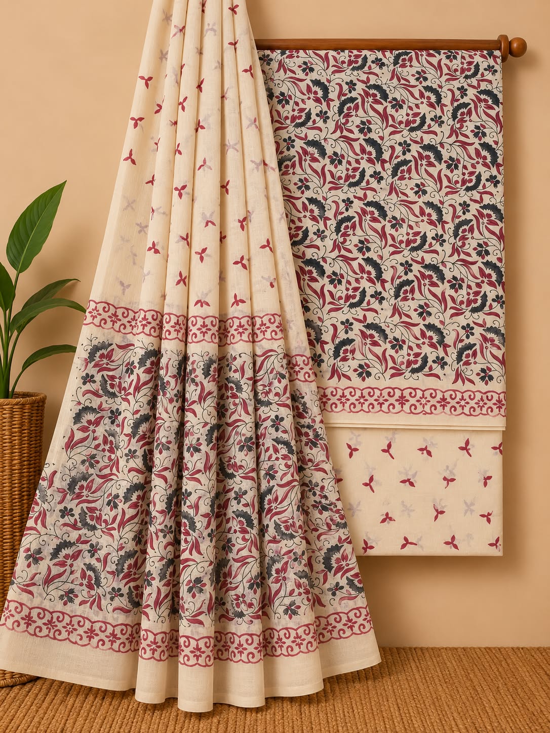 Cream & Red Floral Jaal Hand Block Cotton Salwar Suit Set with Cotton Dupatta