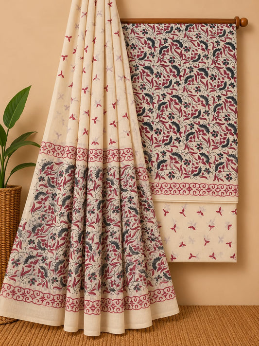 Cream & Red Floral Jaal Hand Block Cotton Salwar Suit Set with Cotton Dupatta