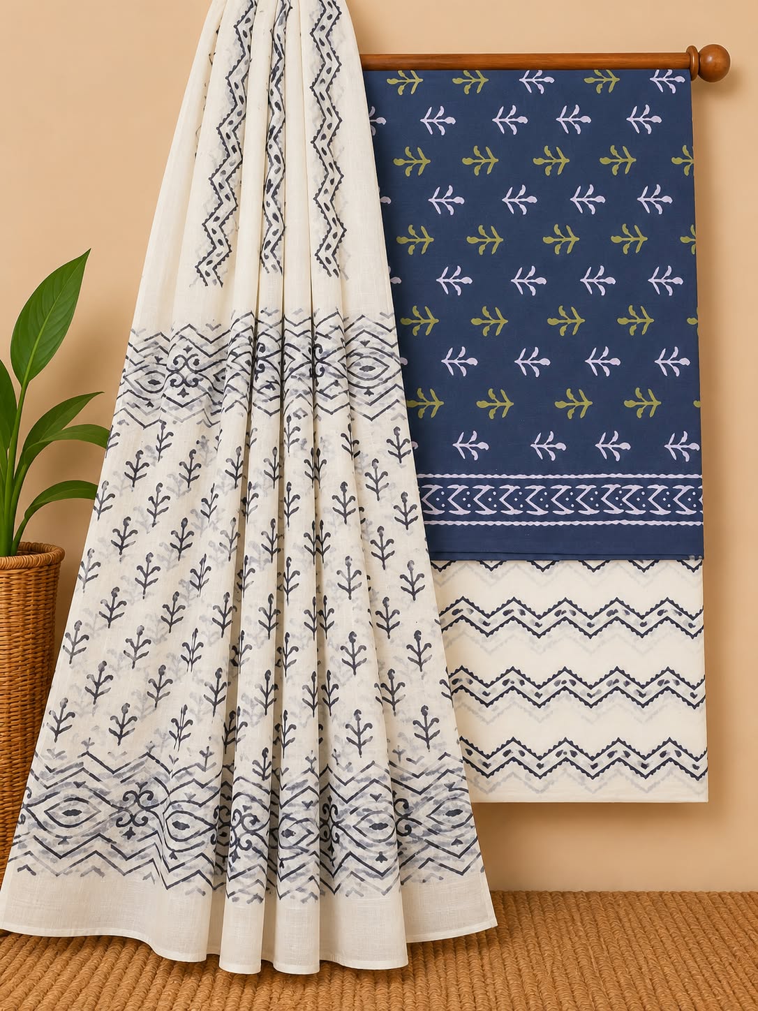 Indigo Blue & Off-White Leaf Print Hand Block Cotton Salwar Suit Set with Cotton Dupatta