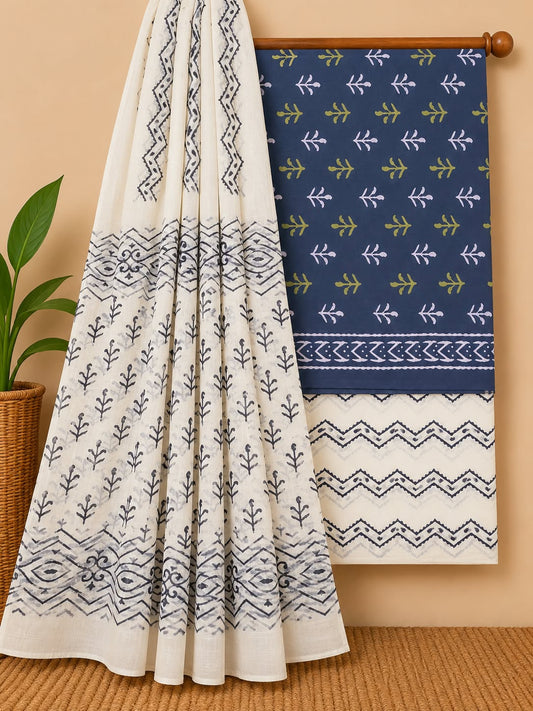 Indigo Blue & Off-White Leaf Print Hand Block Cotton Salwar Suit Set with Cotton Dupatta