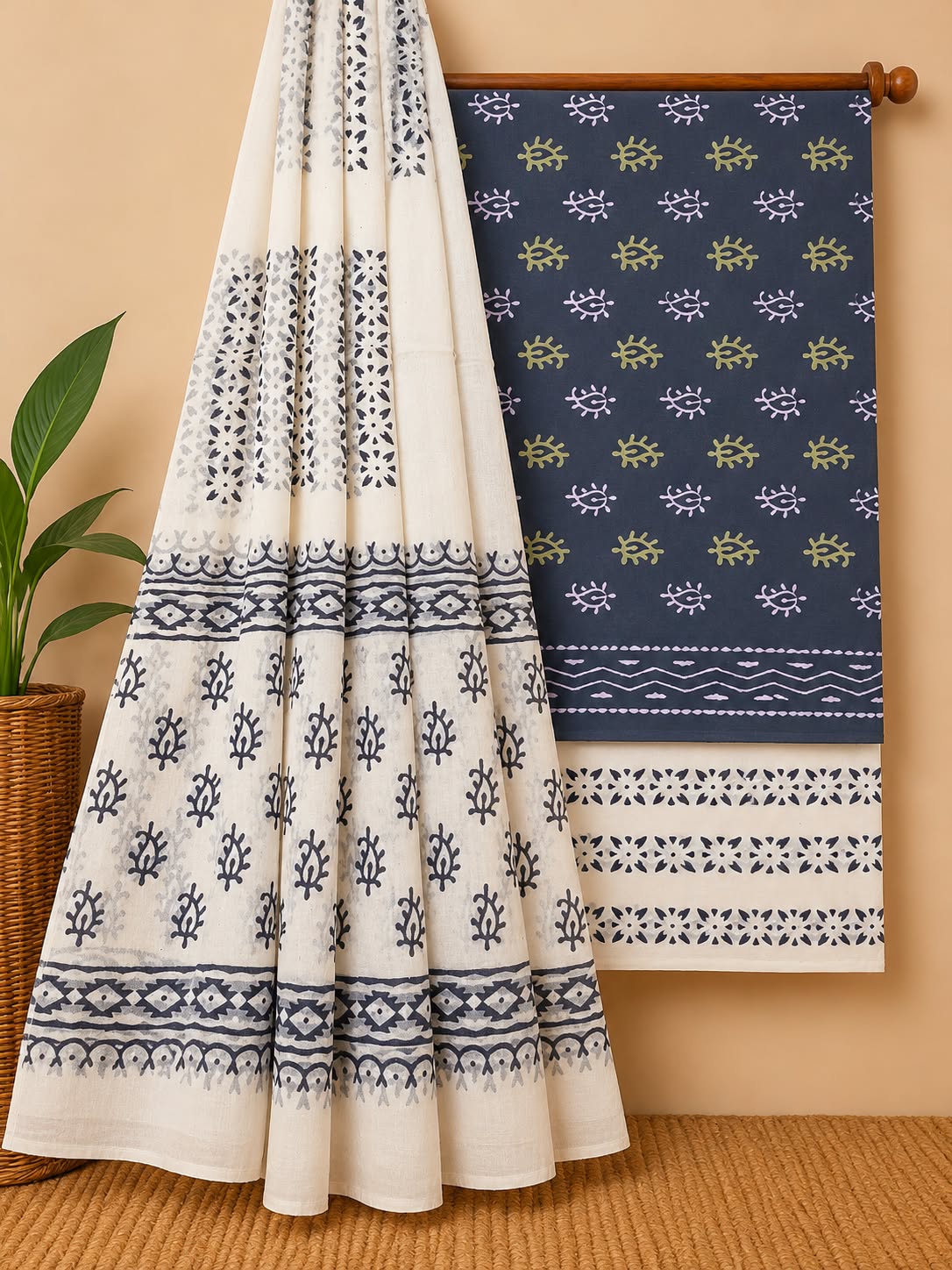 Indigo Blue & White Traditional Motif Hand Block Cotton Salwar Suit Set with Cotton Dupatta
