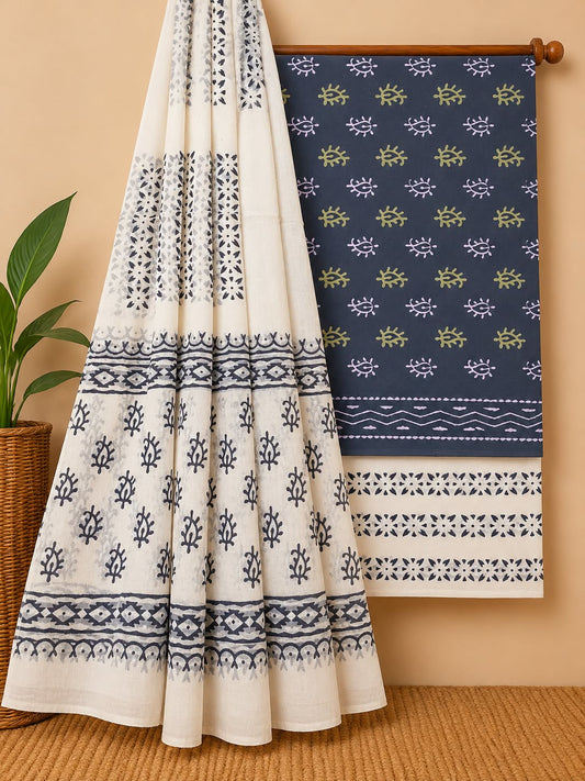 Indigo Blue & White Traditional Motif Hand Block Cotton Salwar Suit Set with Cotton Dupatta