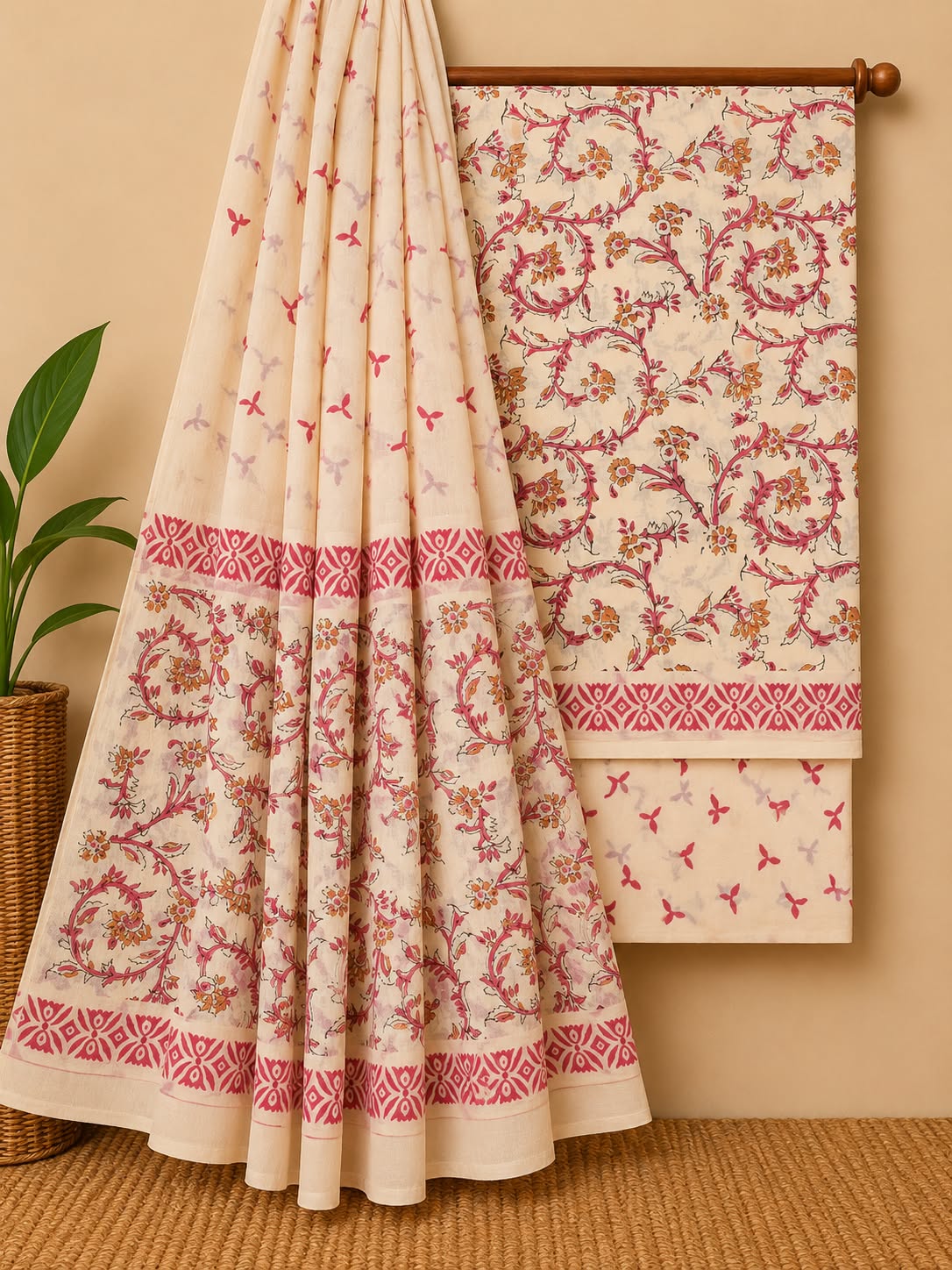 Off-White & Pink Floral Jaal Hand Block Cotton Salwar Suit Set with Cotton Dupatta