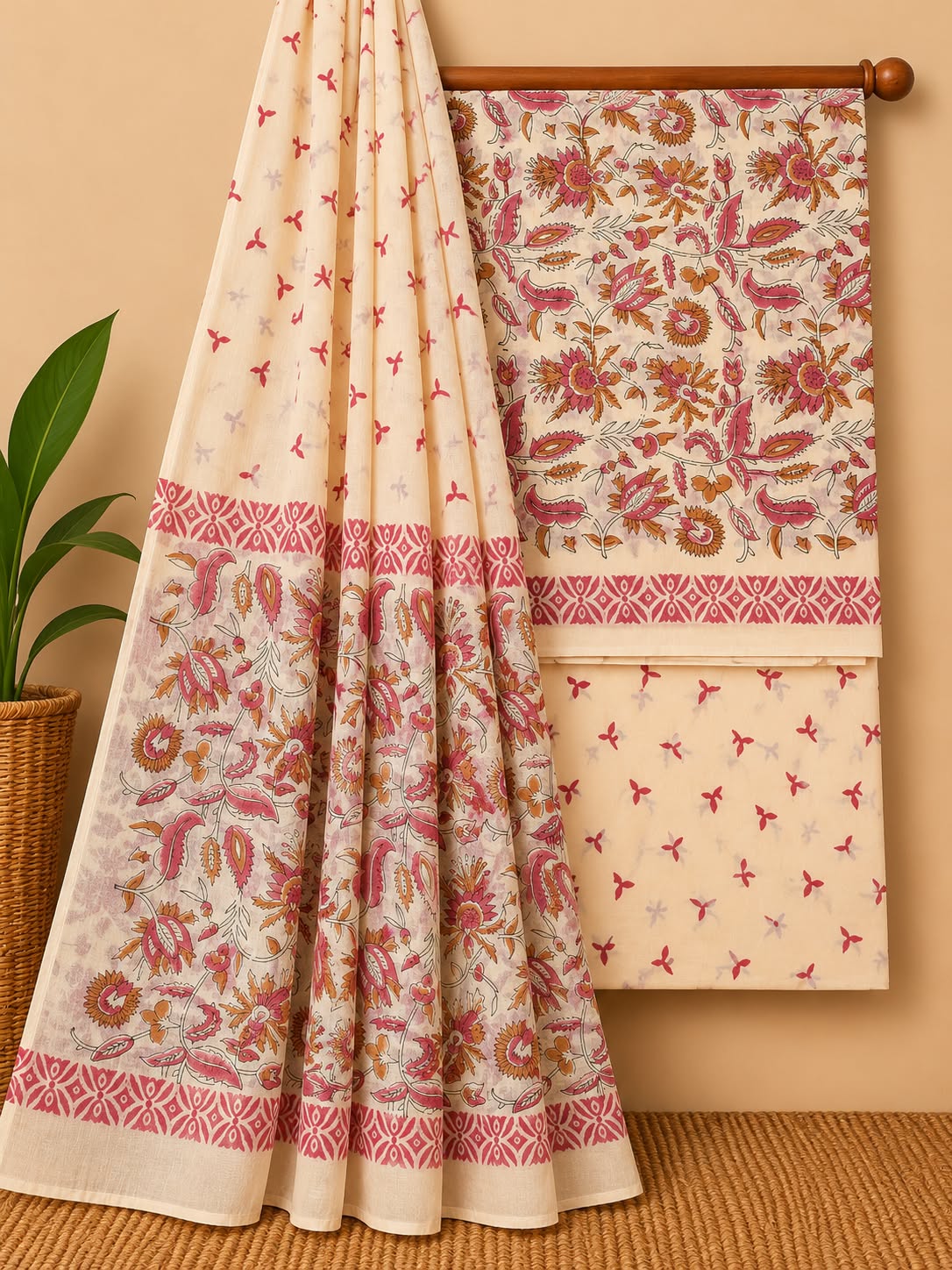 Cream & Pink Floral Jaal Hand Block Cotton Salwar Suit Set with Cotton Dupatta