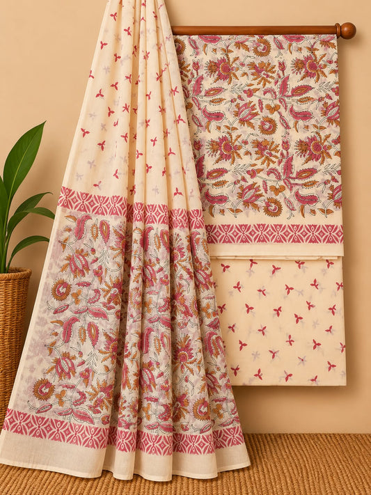 Cream & Pink Floral Jaal Hand Block Cotton Salwar Suit Set with Cotton Dupatta