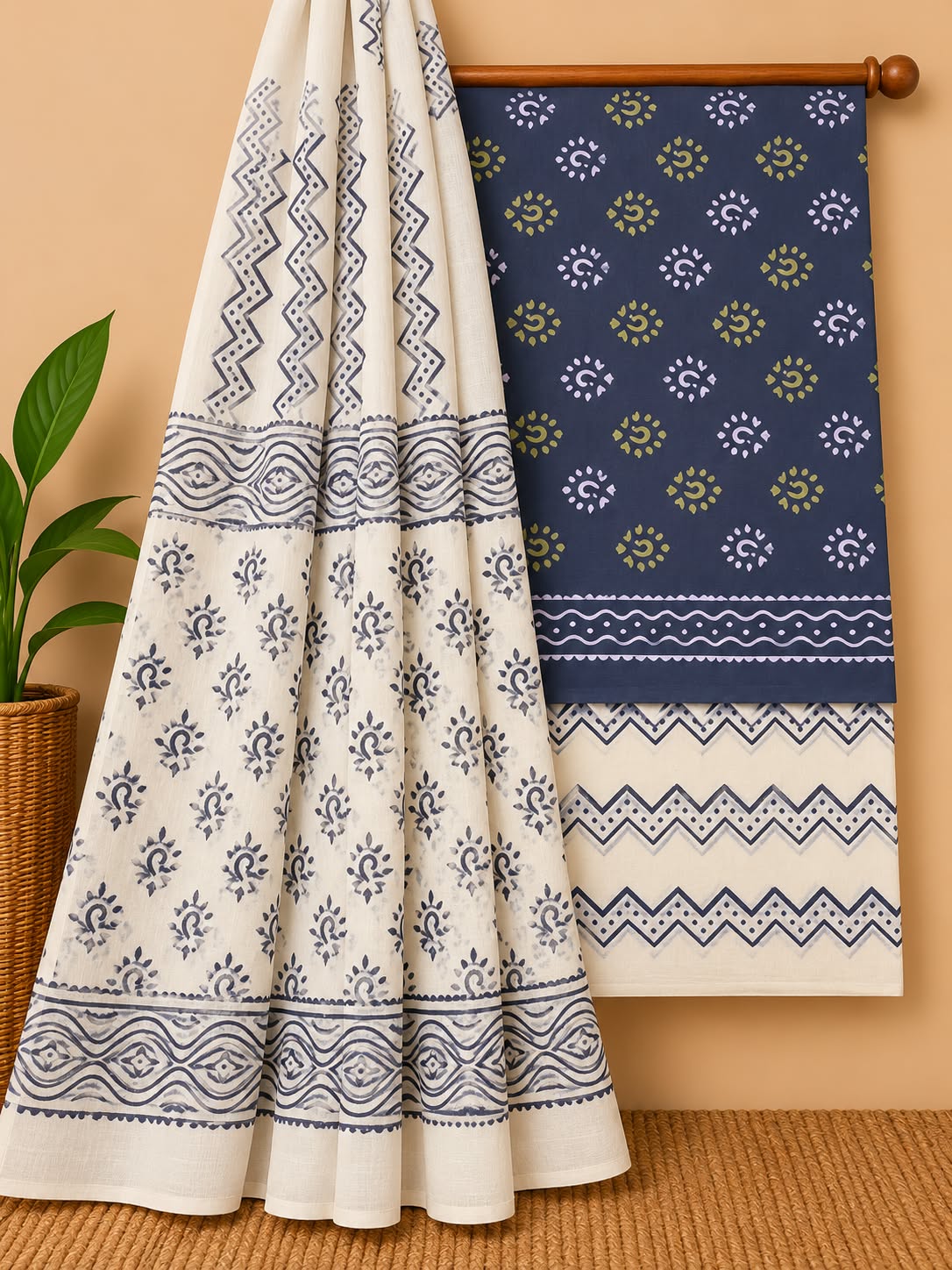 Indigo Blue & Off-White Traditional Motif Hand Block Cotton Salwar Suit Set with Cotton Dupatta