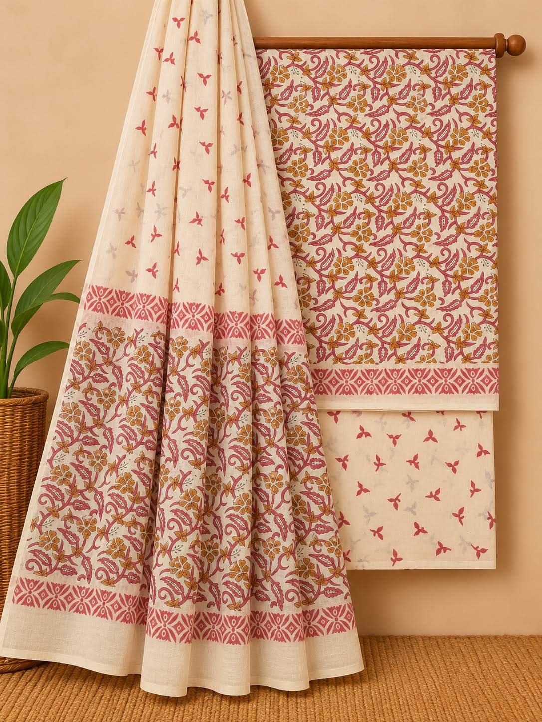 Cream & Red Floral Jaal Hand Block Cotton Salwar Suit Set with Cotton Dupatta