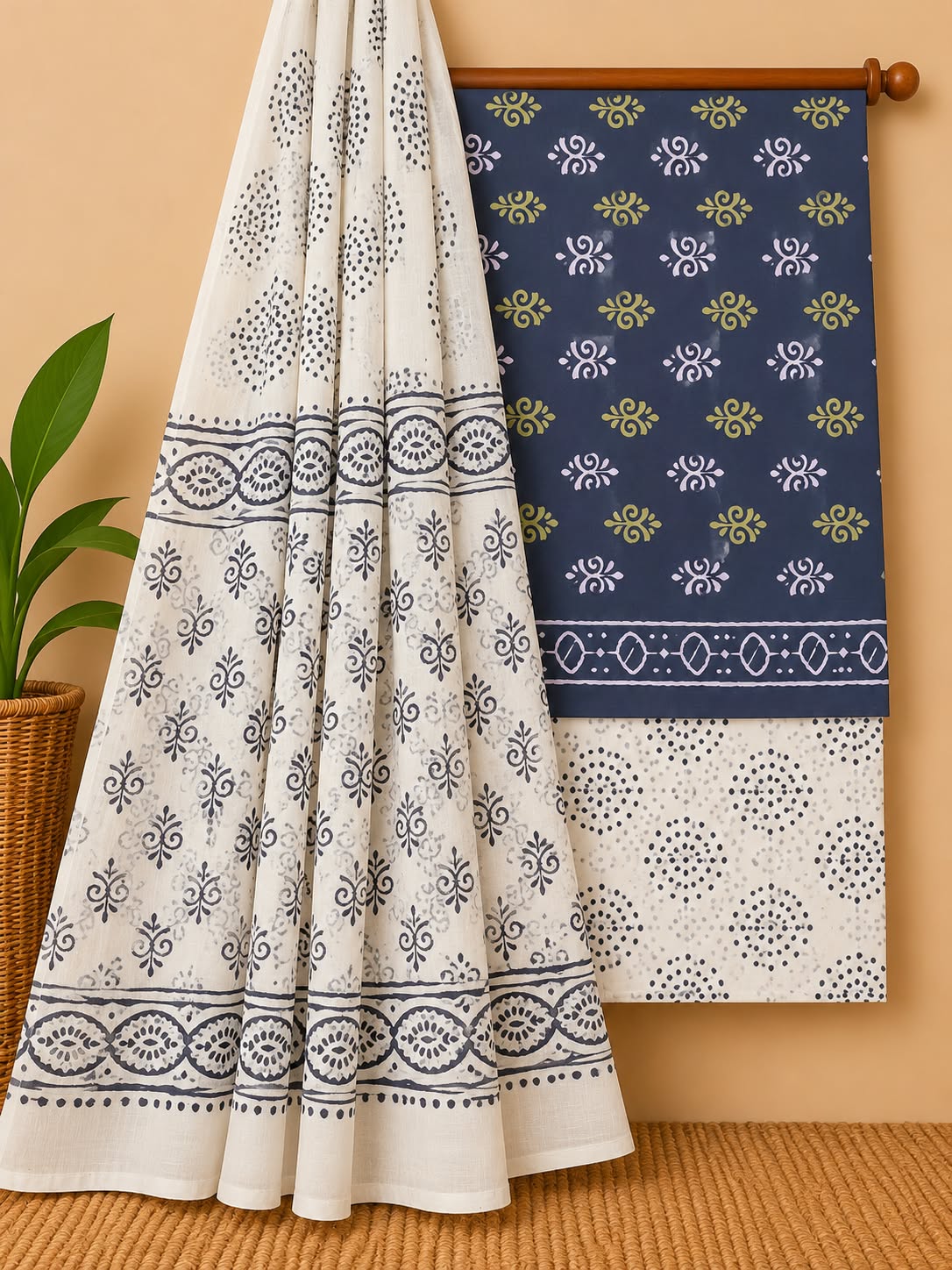 Indigo Blue & Off-White Floral Booti Hand Block Cotton Salwar Suit Set with Cotton Dupatta