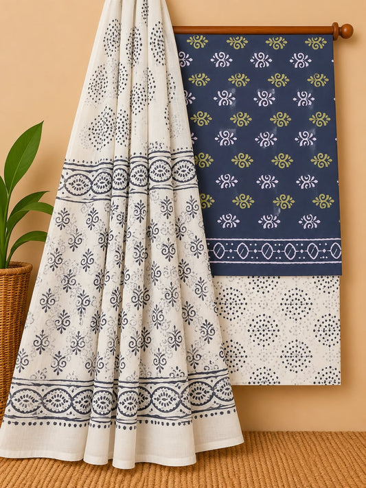 Indigo Blue & Off-White Floral Booti Hand Block Cotton Salwar Suit Set with Cotton Dupatta
