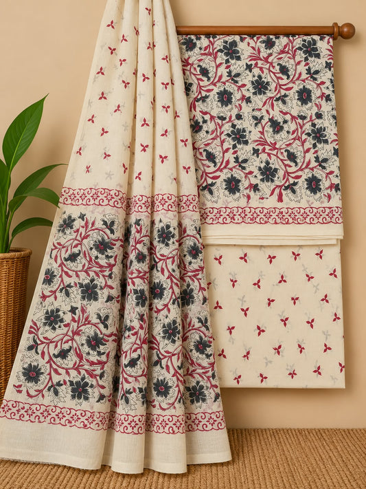 Off-White & Red Floral Jaal Hand Block Cotton Salwar Suit Set with Cotton Dupatta