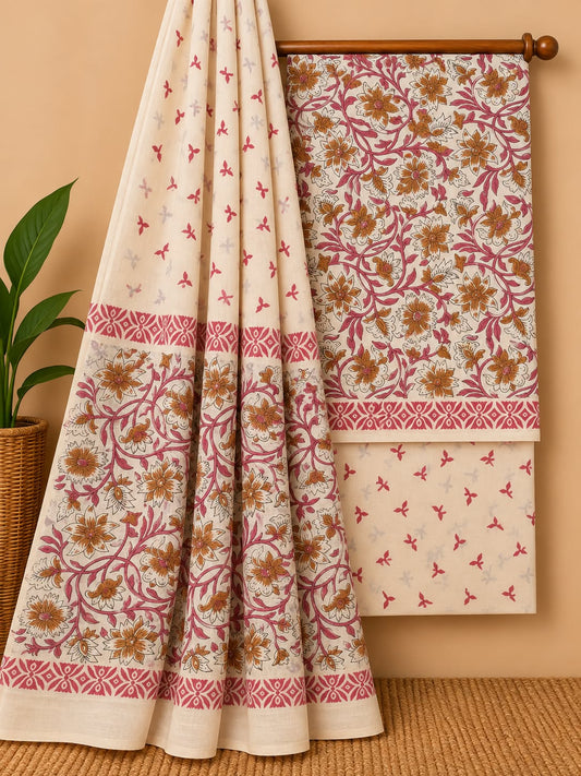 Off-White & Pink Floral Jaal Hand Block Cotton Salwar Suit Set with Cotton Dupatta