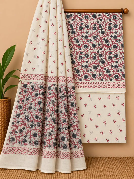 Off-White & Maroon Floral Jaal Hand Block Cotton Salwar Suit Set with Cotton Dupatta
