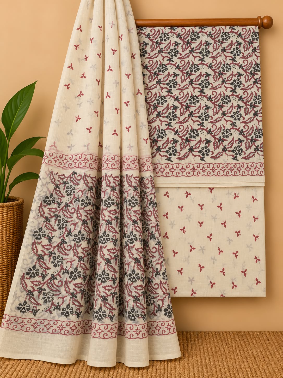 Off-White & Maroon Floral Jaal Hand Block Cotton Salwar Suit Set with Cotton Dupatta