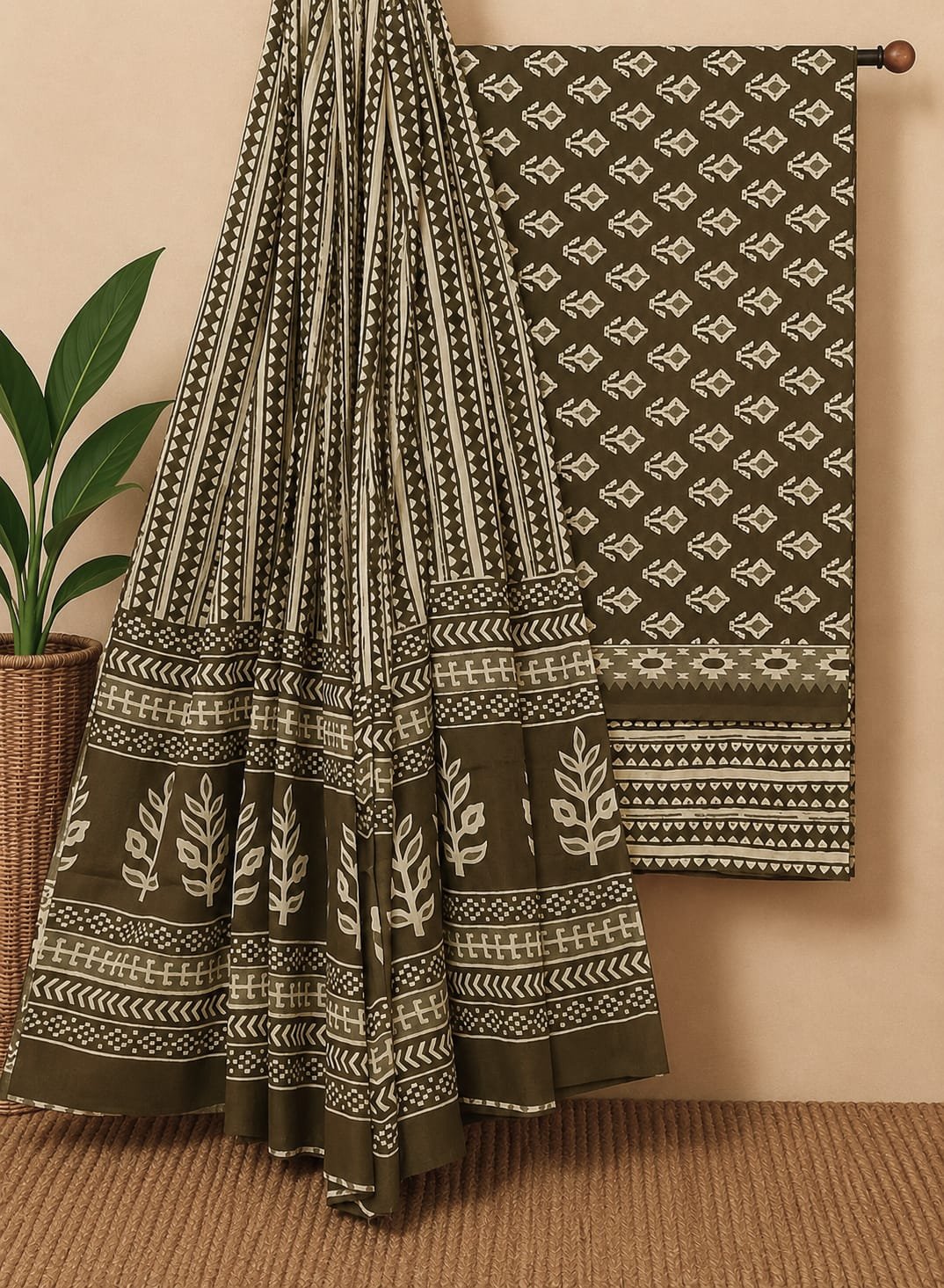 Brown abstract cotton salwar suit fabric India
