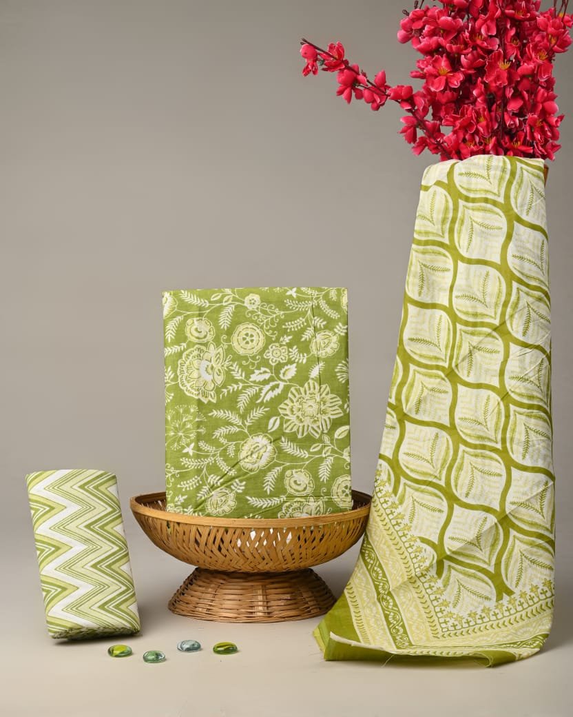 Green floral cotton screen print salwar suit