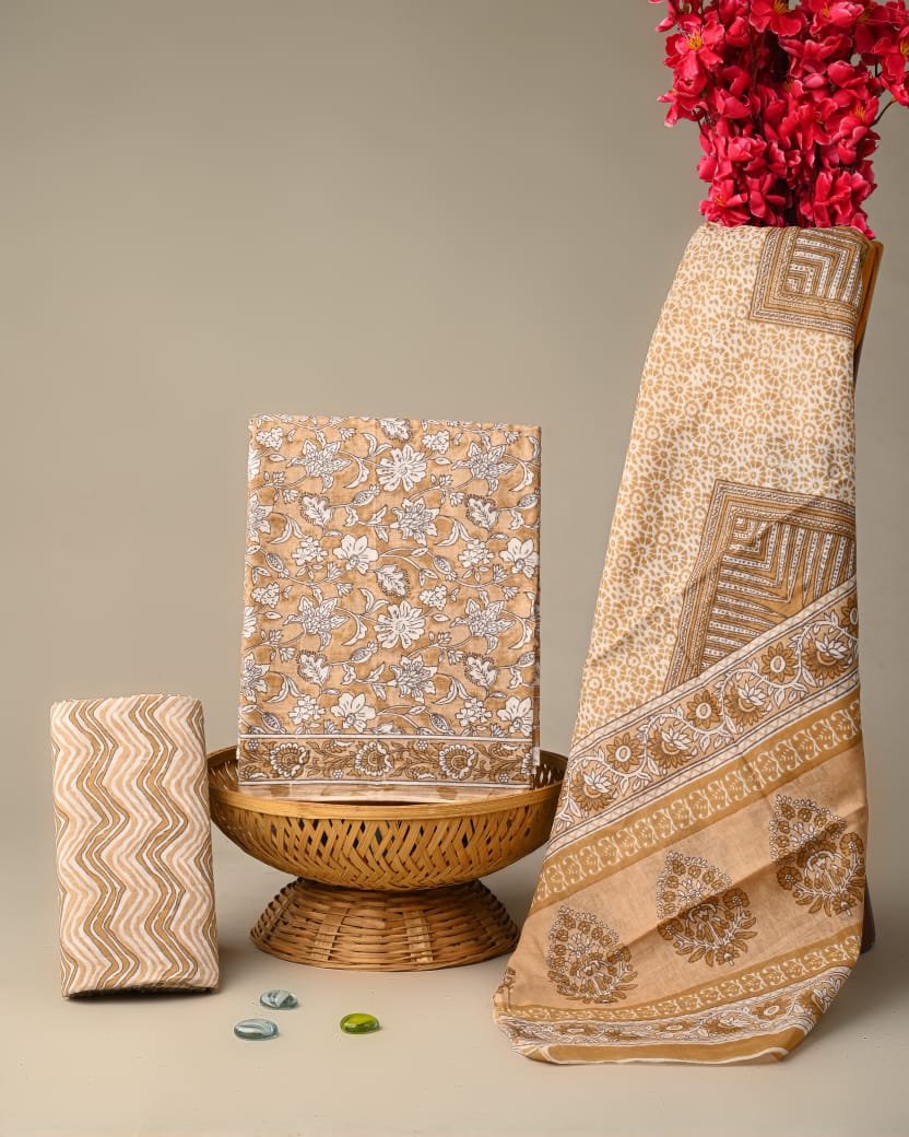 Beige floral cotton screen print salwar suit set