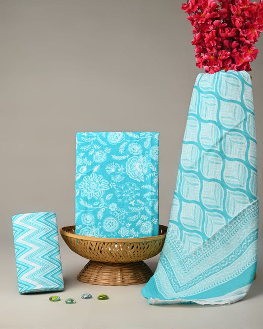 Blue floral cotton screen print salwar suit set