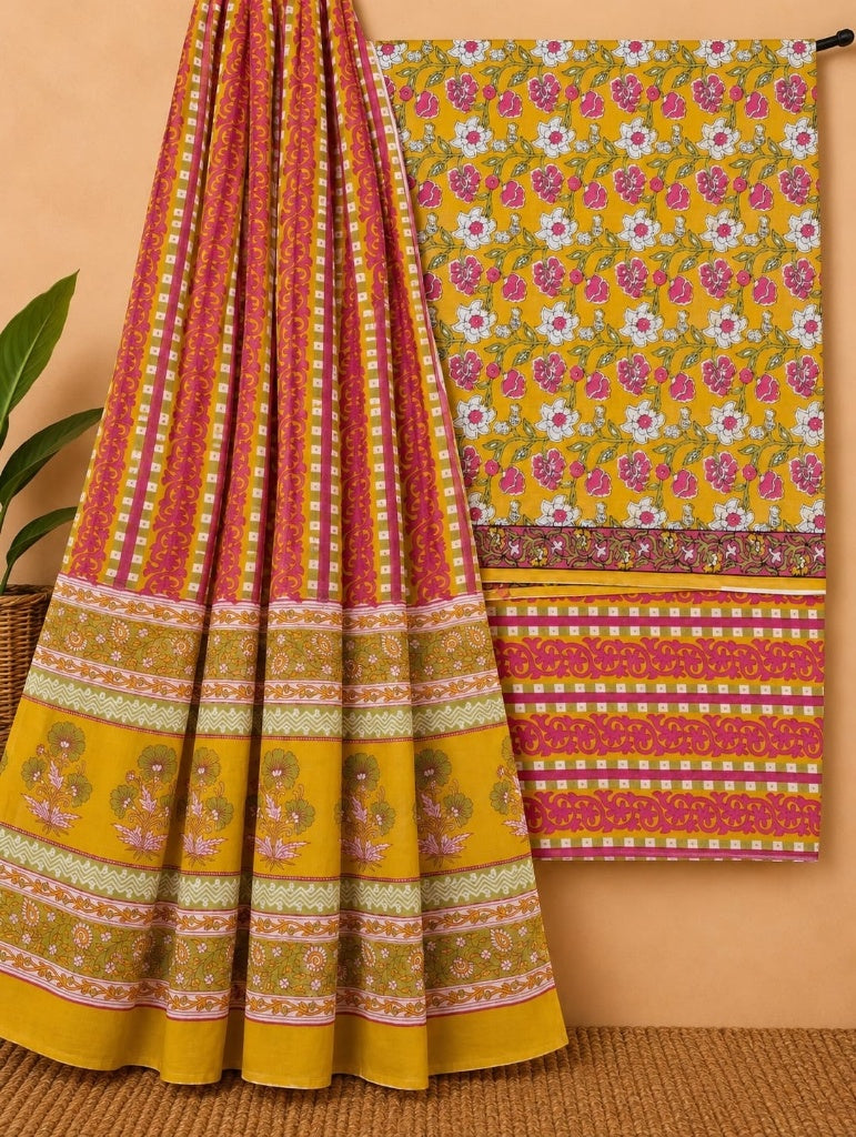 Mustard Yellow & Pink Floral Jaal Cotton Screen Print Salwar Suit Set with Cotton Dupatta