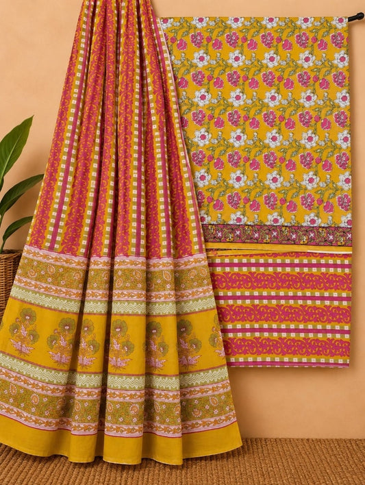 Mustard Yellow & Pink Floral Jaal Cotton Screen Print Salwar Suit Set with Cotton Dupatta