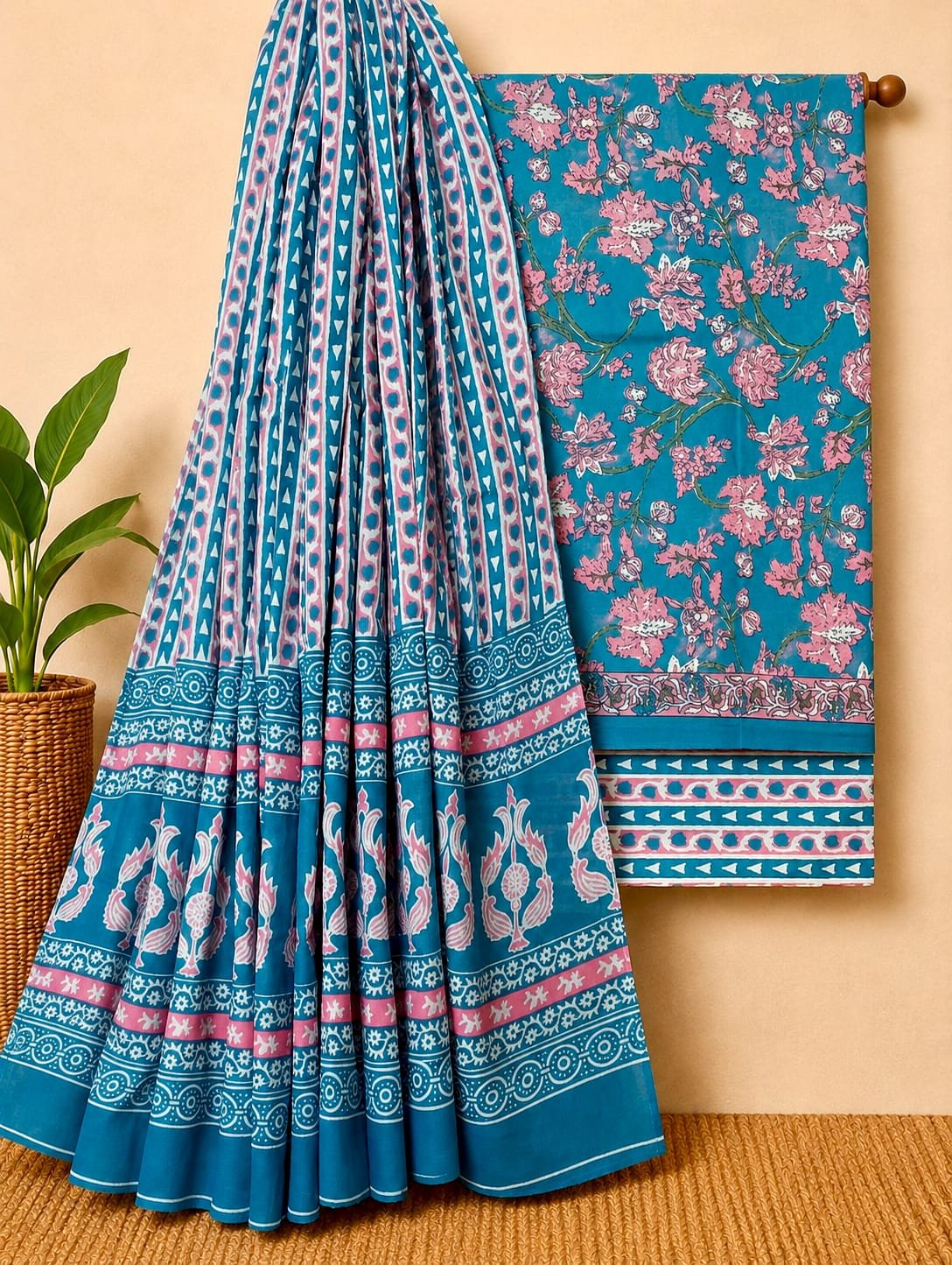 Teal floral cotton salwar suit set India