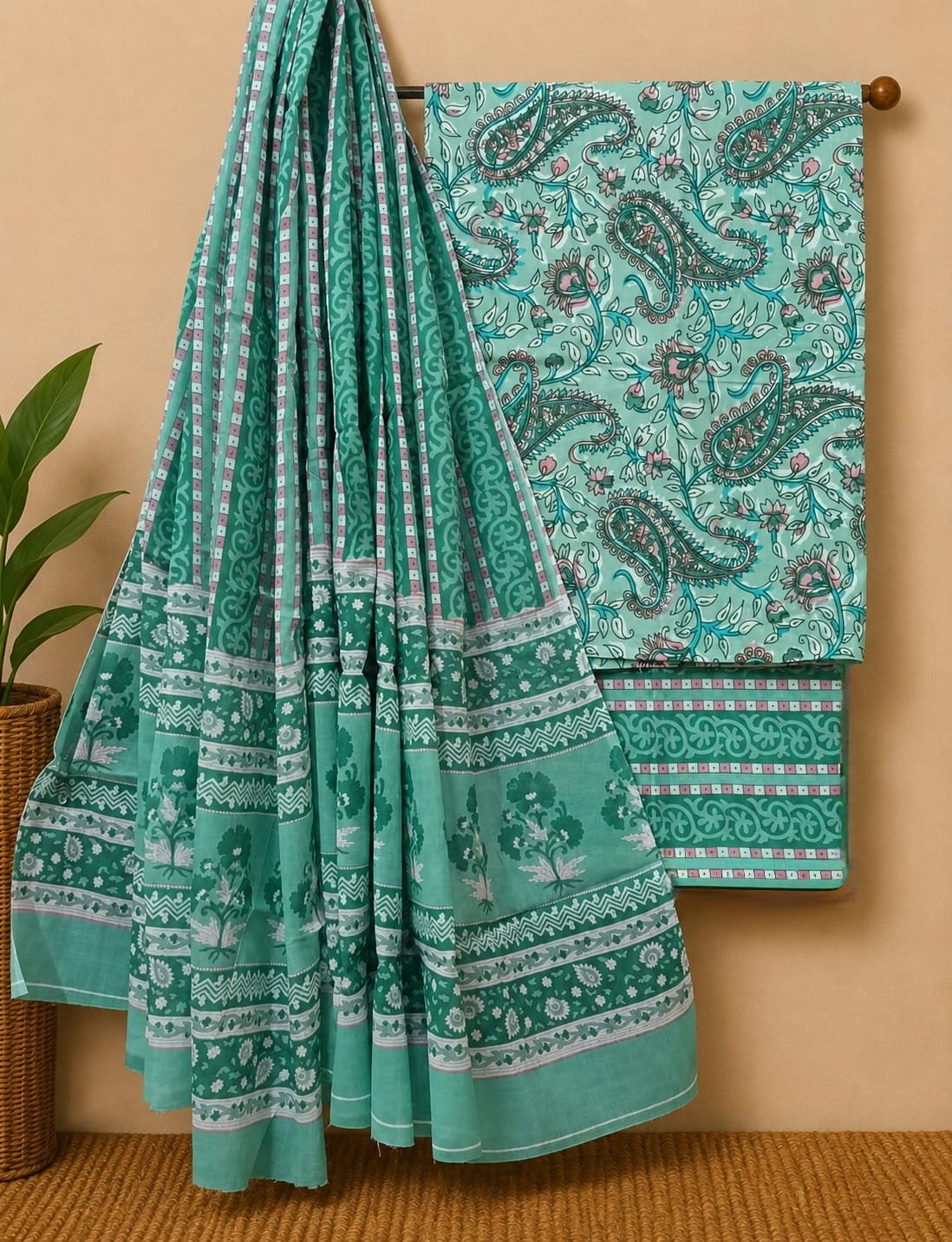 Teal paisley screen print cotton suit set
