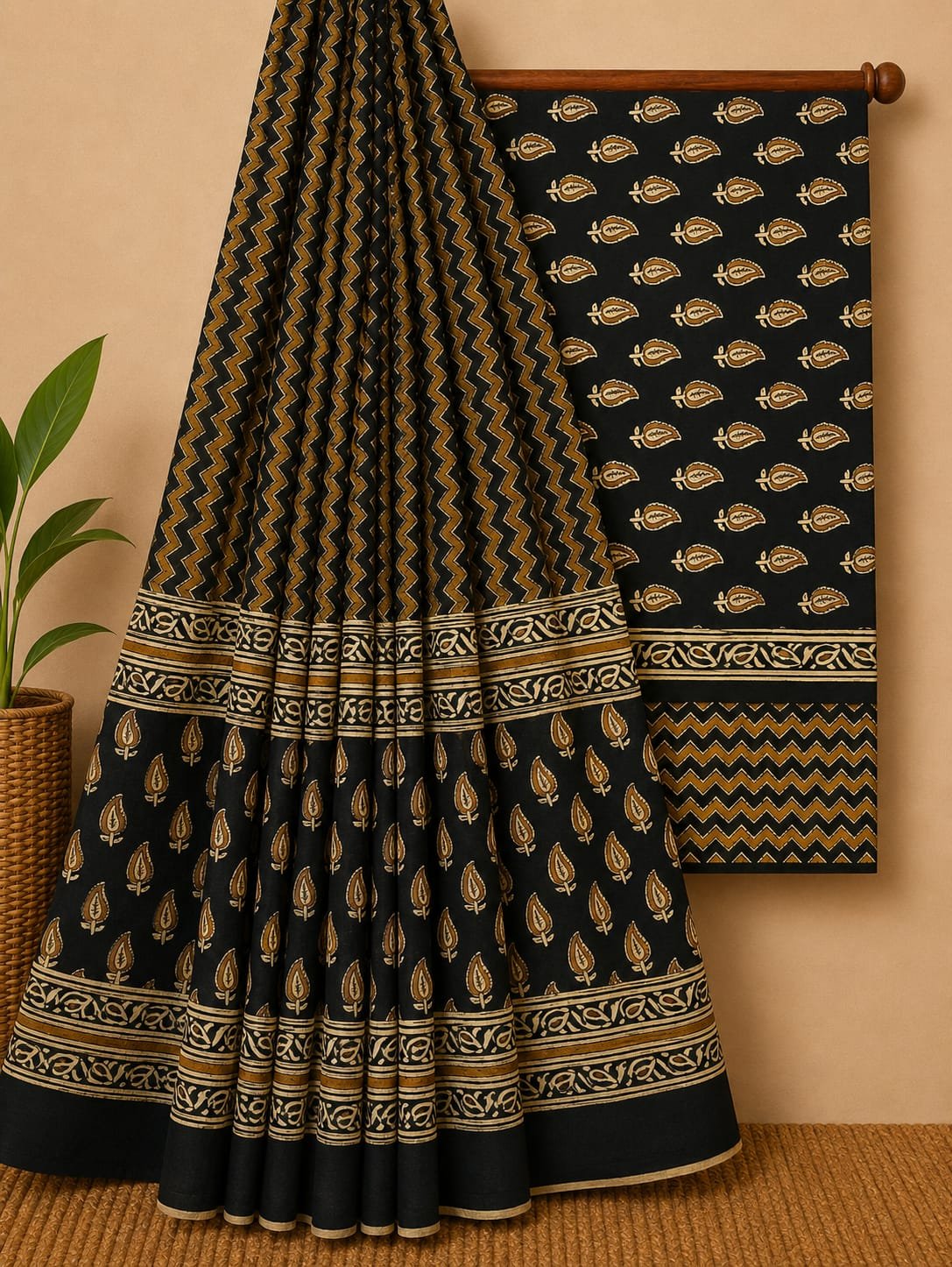Black ethnic motif cotton suit with dupatta