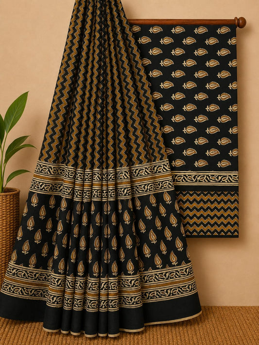 Black ethnic motif cotton suit with dupatta