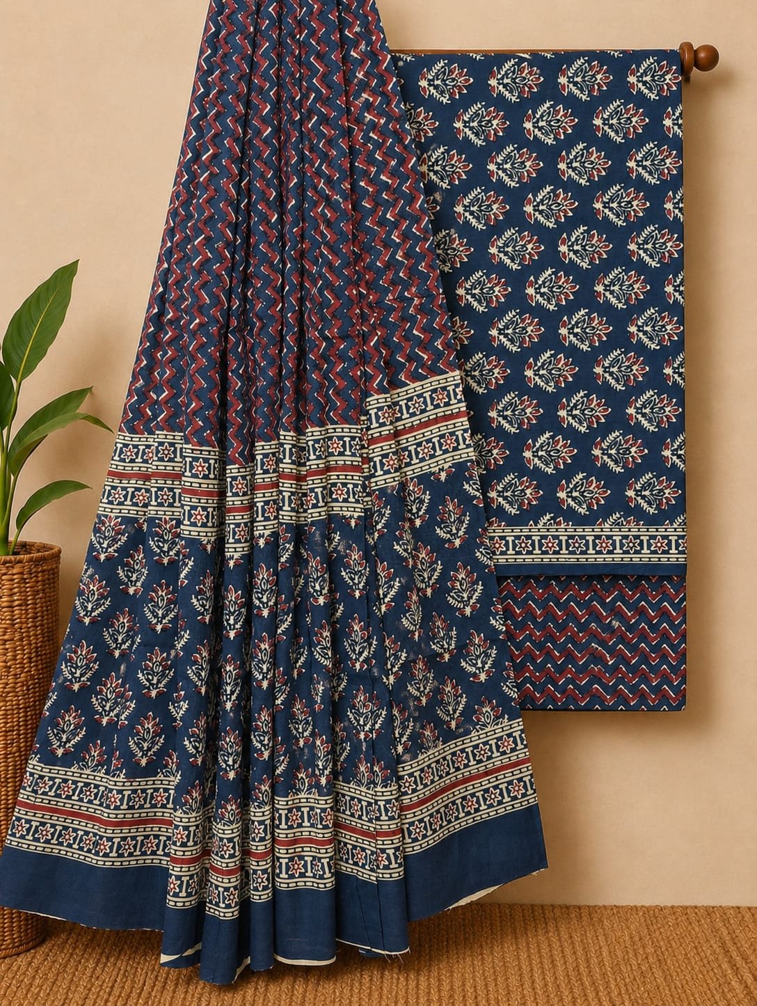 Navy blue floral print cotton suit set