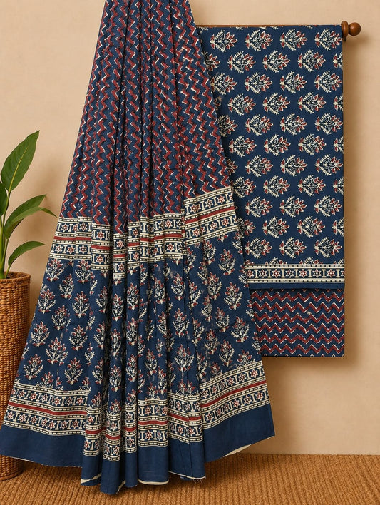 Navy blue floral print cotton suit set