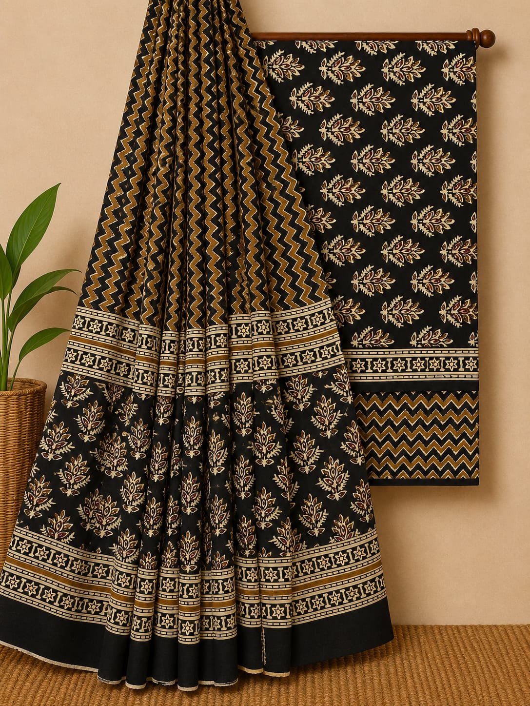 Black ethnic motif screen print cotton suit