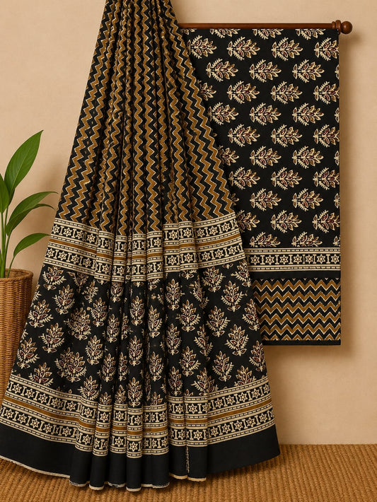 Black ethnic motif screen print cotton suit