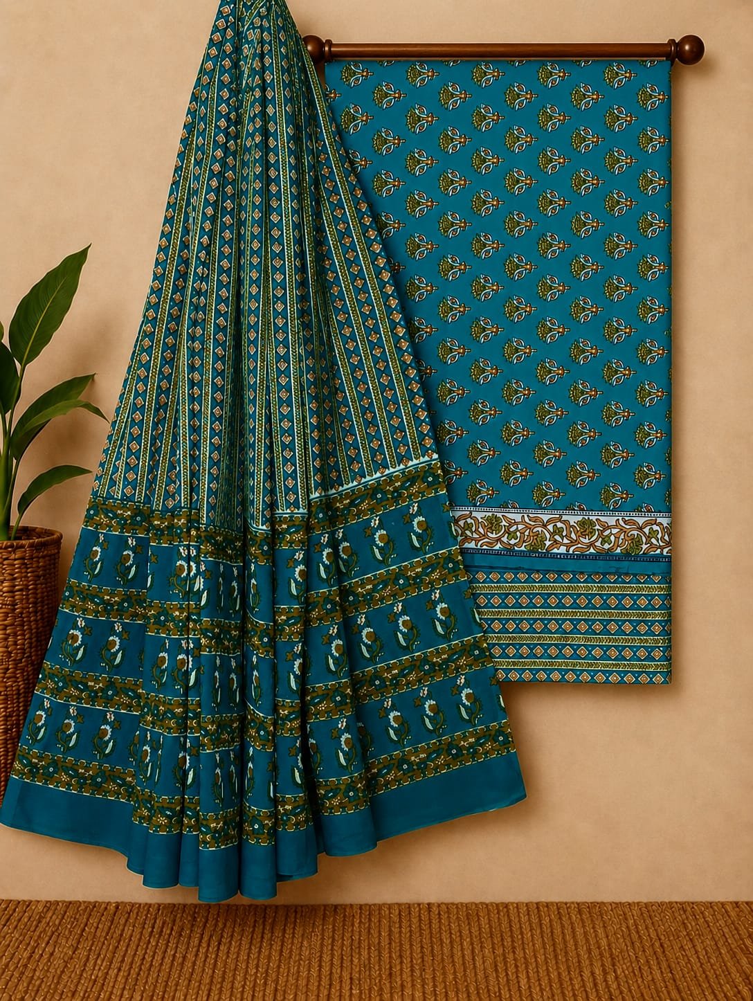 Teal ethnic motif cotton salwar suit set