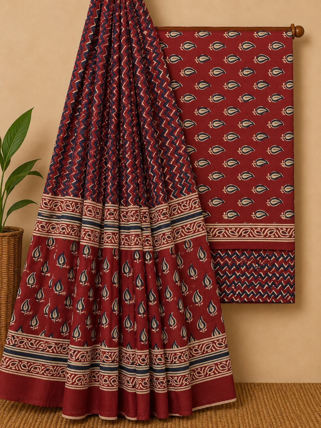 Red ikat screen print cotton suit set