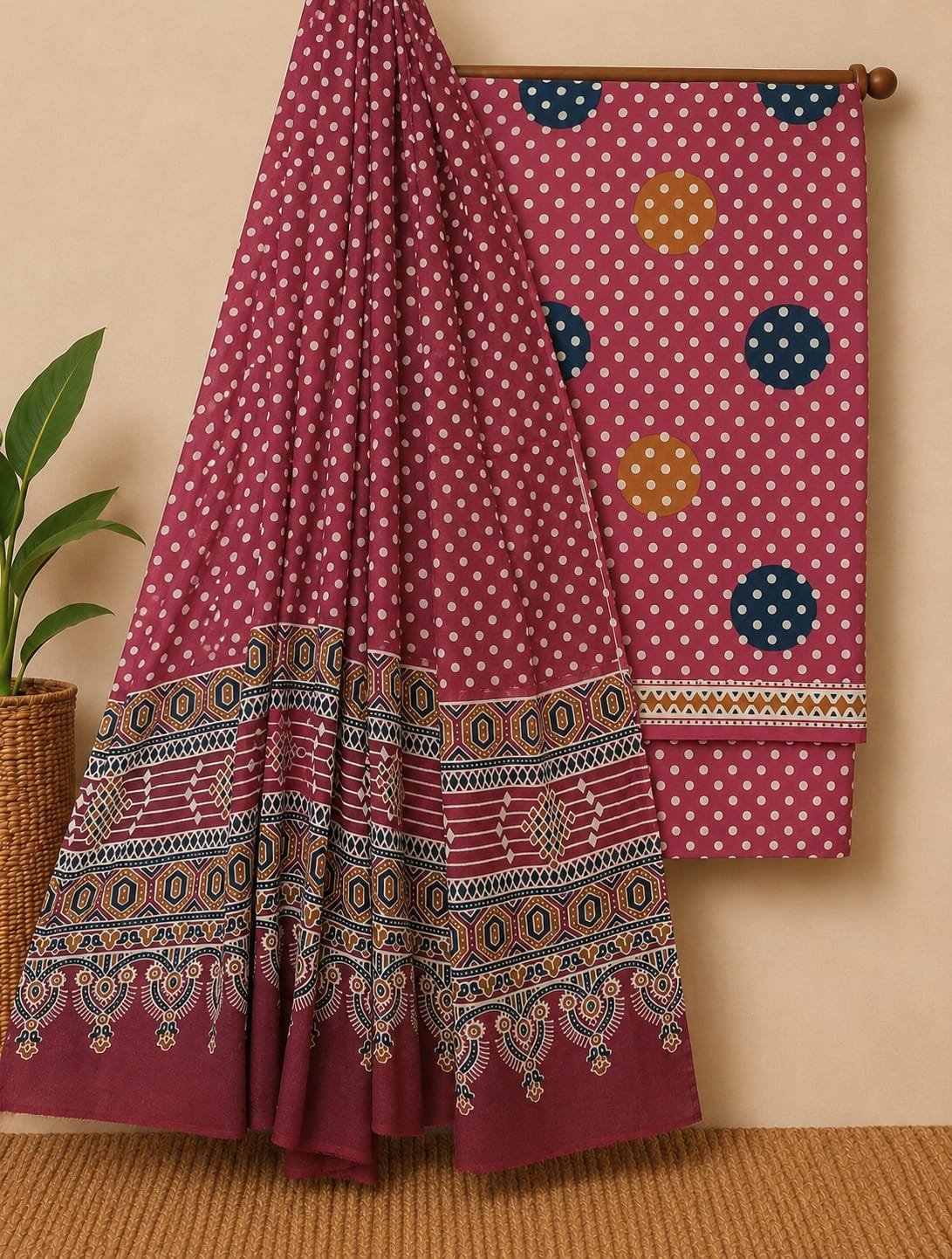 Maroon ethnic motif cotton suit set India