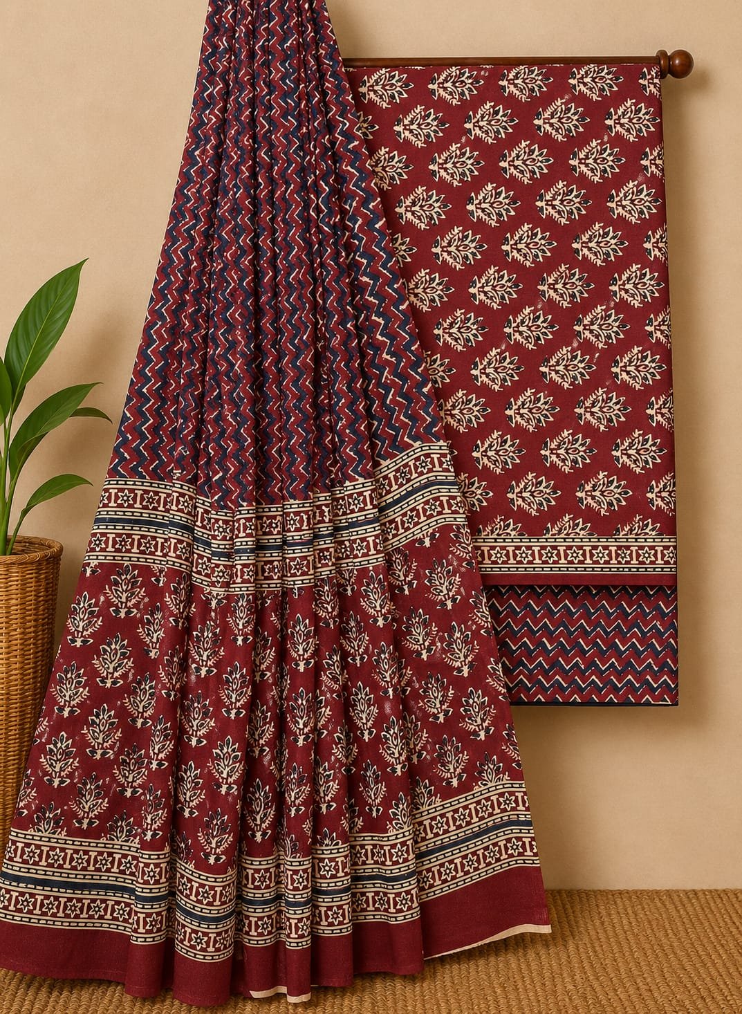 Red floral screen print cotton suit set Jaipur