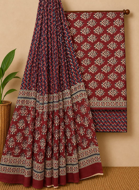 Red floral screen print cotton suit set Jaipur