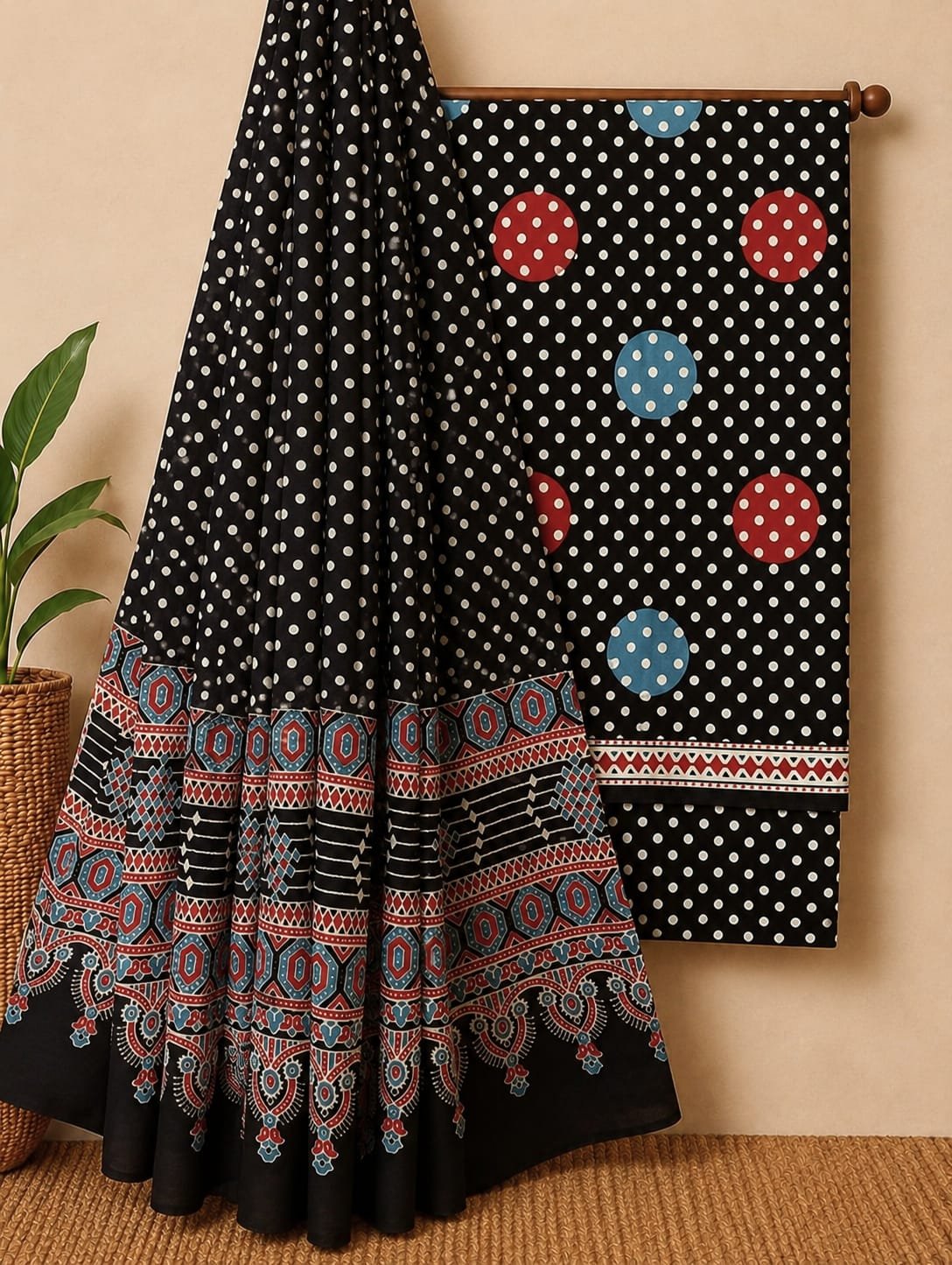 Black ethnic motif screen print cotton suit Jaipur
