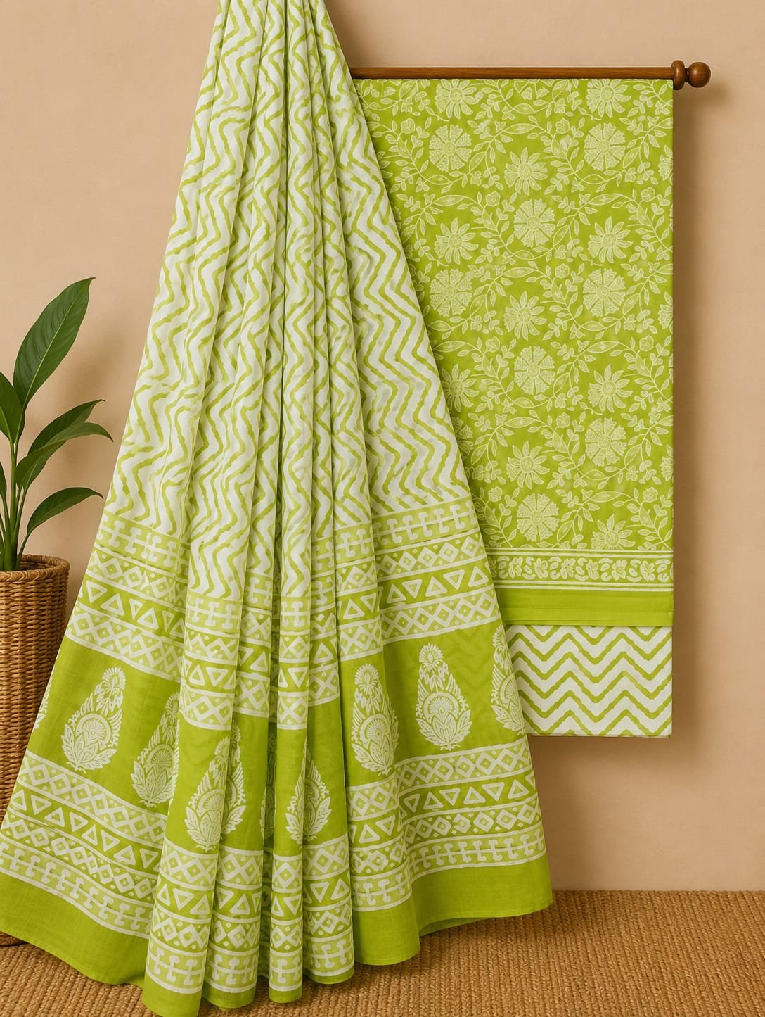 Green floral screen print cotton suit Jaipur