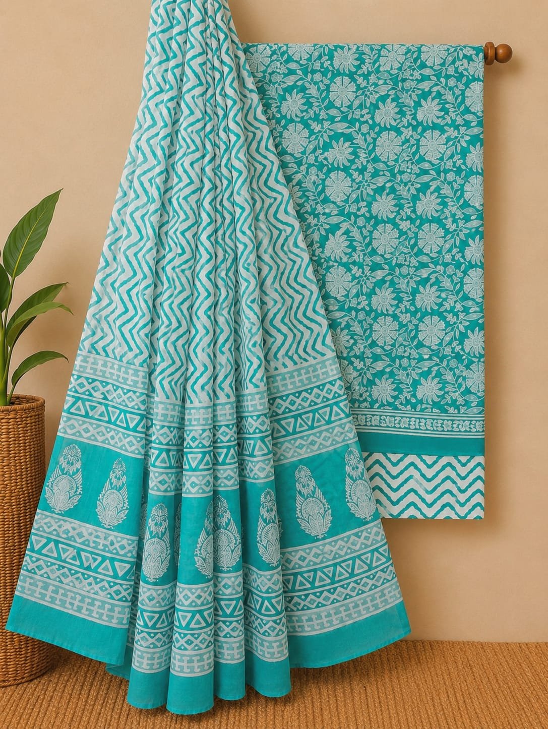 Turquoise floral cotton salwar suit set print