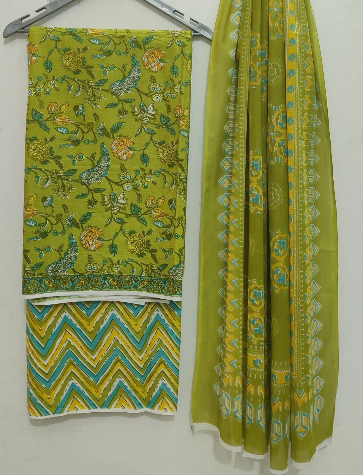 Green floral cotton salwar suit with dupatta