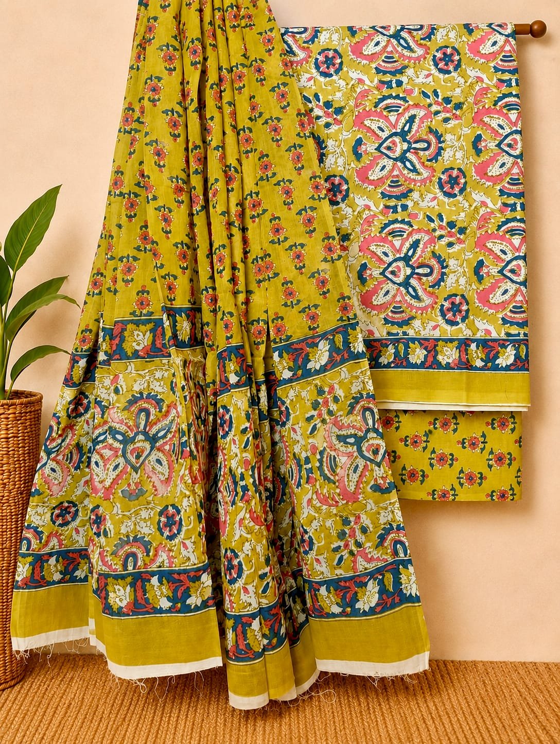 Yellow floral screen print cotton salwar suit set