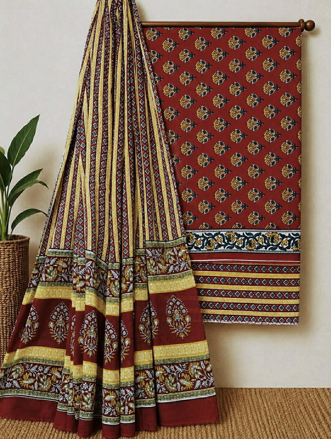 Red ethnic motif cotton screen print suit set